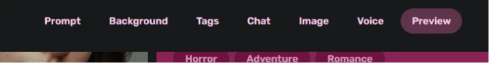 Dippy AI seven-step character creation progress bar showing prompt, background, tags, chat, image, voice, and preview stages