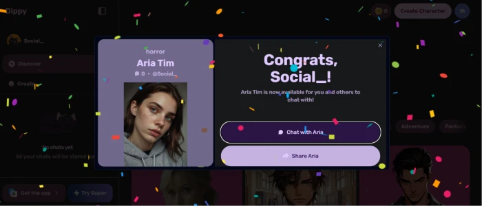 Dippy AI finished custom character ready to chat with its generated avatar and persona in place