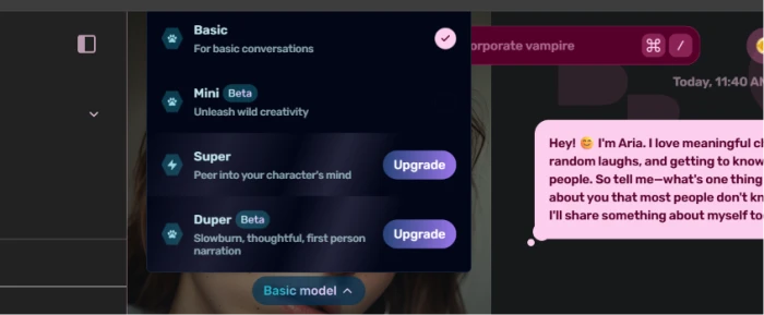 Dippy AI in-chat model selector offering basic, mini, super, and duper model tiers
