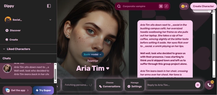 Dippy AI live chat with a user-created character with fast expressive responses and mood illustrations