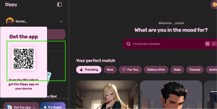 Dippy AI featured QR code to download the iOS and Android app for the mobile-first companion experience
