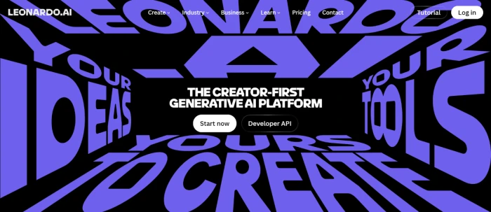 Leonardo AI homepage showing multi-tool AI creative platform with image generation video creation canvas editor blueprint and sketch-to-image value proposition