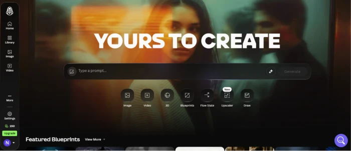 Leonardo AI post-login dashboard showing tool navigation panel with image generation video canvas editor blueprint and draw tools accessible from the main interface