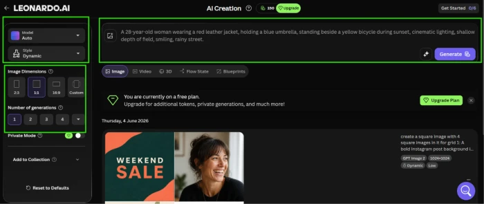 Leonardo AI image generation dashboard showing prompt input field model selector and generation controls for AI image creation workflow