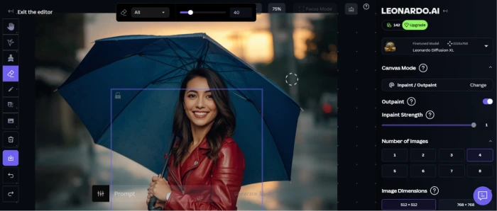 Leonardo AI canvas editor dashboard showing inpainting outpainting image manipulation tools layer controls and post-generation editing workflow for AI generated images
