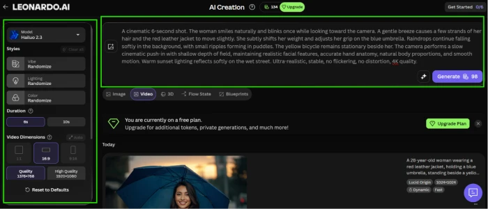 Leonardo AI video generation dashboard showing motion generation prompt input field with cinematic video settings and generation controls