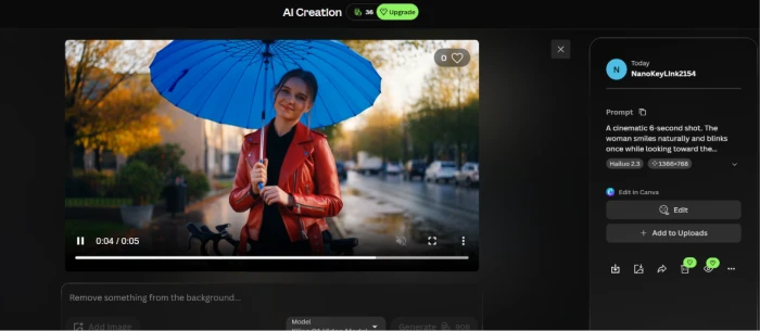Leonardo AI completed video generation showing the generated cinematic output ready for playback and sharing with the shareable video link available