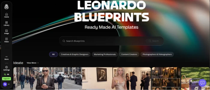 Leonardo AI blueprint dashboard showing node-based workflow builder for chaining AI generation operations into automated creative pipelines