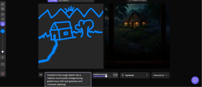 Leonardo AI draw dashboard showing rough sketch of hut tree and mountain with prompt overlay to convert sketch into realistic countryside cottage during golden hour cinematic lighting