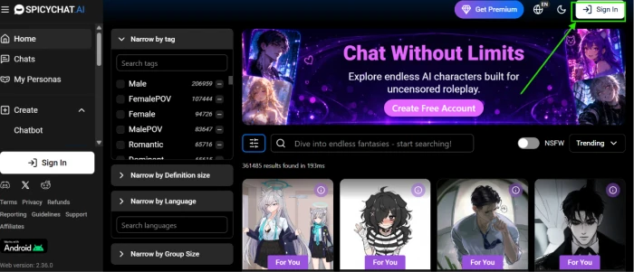 SpicyChat homepage with the Sign In button highlighted in the top right