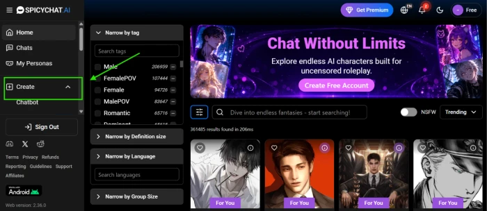 Left sidebar with Create expanded showing Chatbot
