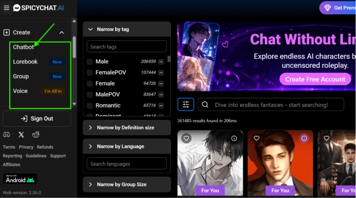The full Create menu with four build types