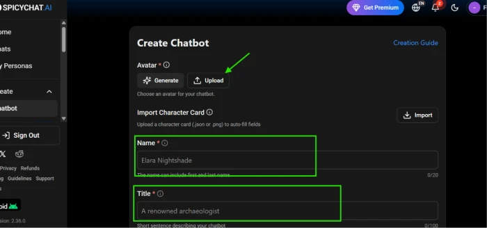 Create Chatbot form showing avatar, import, name and title