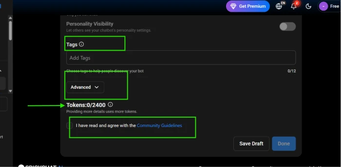 Personality visibility toggle, tags, advanced dropdown and token count