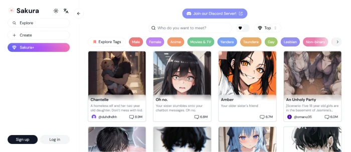 Sakura AI homepage showing the character library with browseable AI characters across anime roleplay and companionship categories