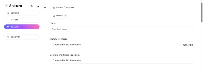 Sakura AI create character dashboard with fields for defining a custom AI character persona description and traits