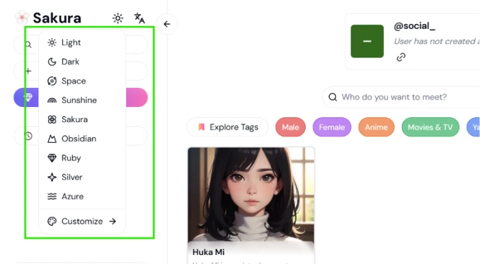 Sakura AI theme mode options showing light and dark interface modes available for the chat platform