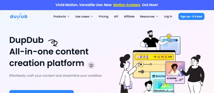DupDub homepage showing AI content platform with text-to-voice avatar video image generation multi-tool catalogue value proposition and platform positioning for creators