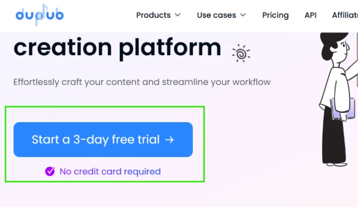 DupDub 3-day free trial offering without credit card requirement showing consumer-favorable evaluation runway for prospective users to test platform capabilities