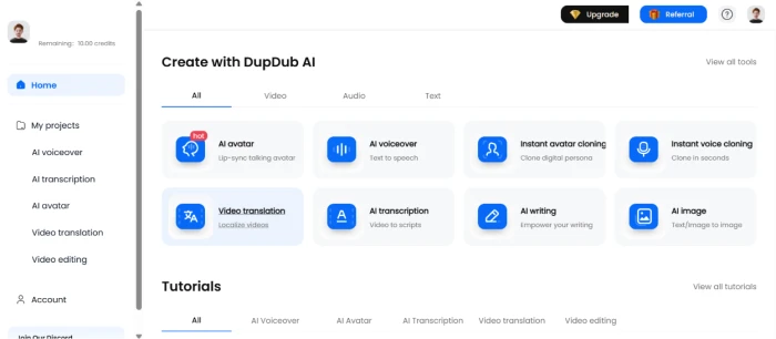 DupDub post-login dashboard with tool catalogue access including voice avatar image and other AI content workflow entry points for authenticated users