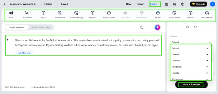 DupDub text-to-voice generator dashboard with prompt input emotion controls rhythm settings music and sound effect options for nuanced voiceover output beyond basic text-to-speech