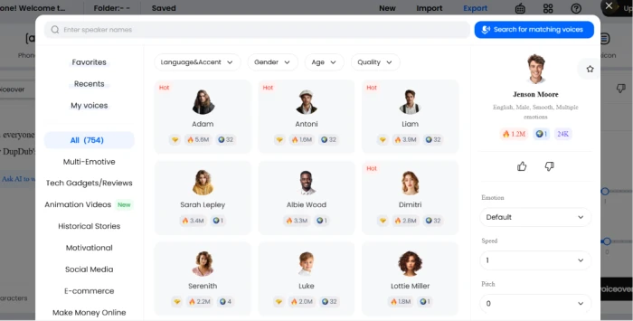 DupDub voiceover library showing pre-built voice catalogue across multiple languages accents and character types for creators selecting voice variety