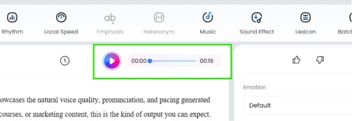 DupDub voice generated result showing 19-second voiceover output from prompt-driven text-to-voice workflow with emotion and style parameters applied
