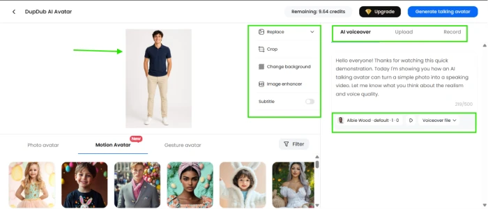 DupDub AI avatar dashboard with user-uploaded image image editing options and voice selection for animated video creation workflow setup