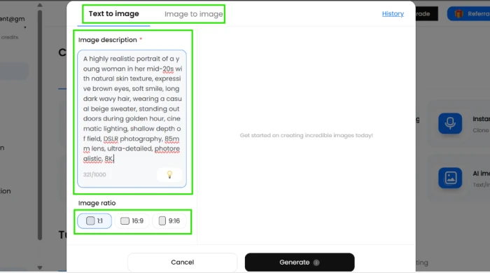 DupDub image generation prompt input with detailed photorealistic portrait specifications attempted 4-5 times encountering server error and failed generation across all attempts