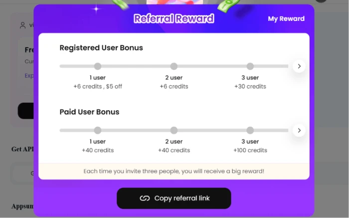 DupDub referral rewards program showing user acquisition incentive structure with referral credits for platform growth