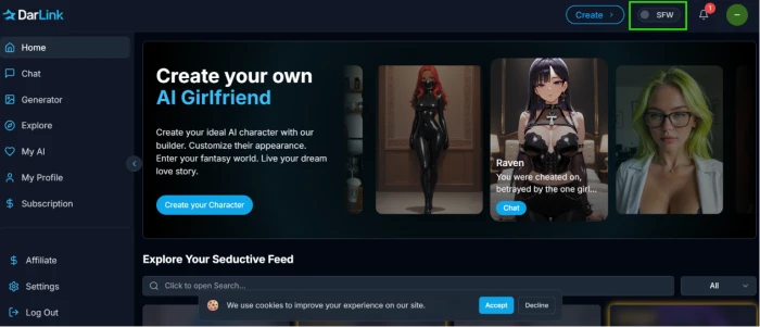 DarLink AI homepage showing character chat platform with SFW toggle prominently placed at top-right of interface for user-controlled content filtering positioning