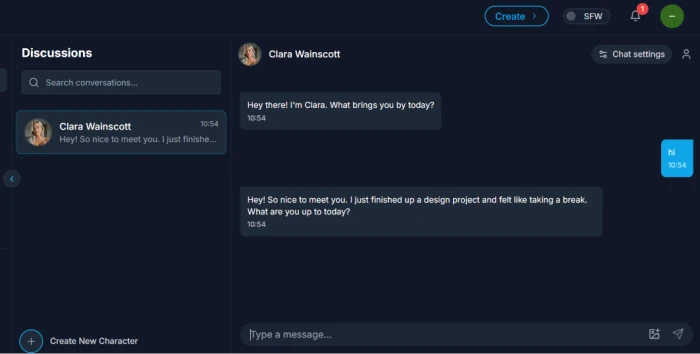 DarLink AI created character profile ready for chat sessions showing character details bio personality summary and chat entry interface after creation completion