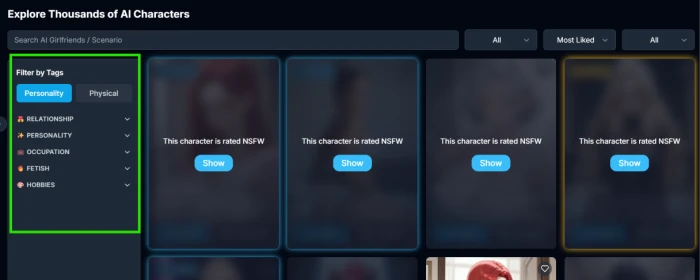 DarLink AI dashboard with library filters showing category browsing content type controls and character discovery surface for authenticated users navigating the platform library
