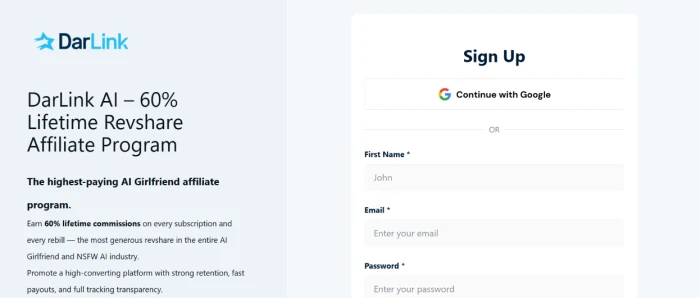 DarLink AI affiliate program banner showing 60 percent lifetime commission user referral incentive structure with lifetime terms more aggressive than typical SaaS affiliate programs