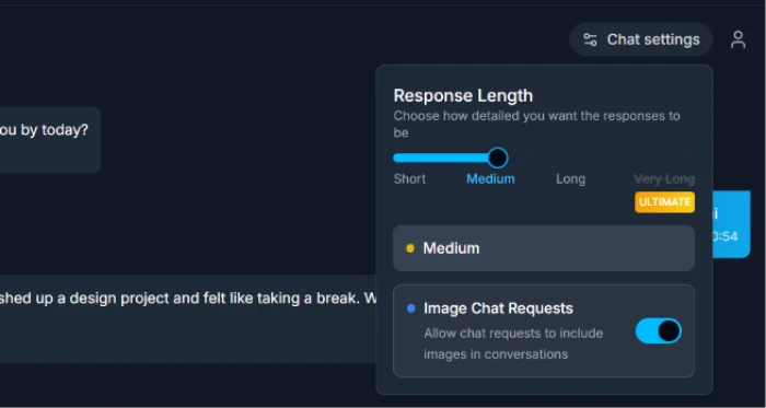 DarLink AI chat interface exposing chat settings customization panel for tailoring conversation experience with character behavior parameters and interaction controls