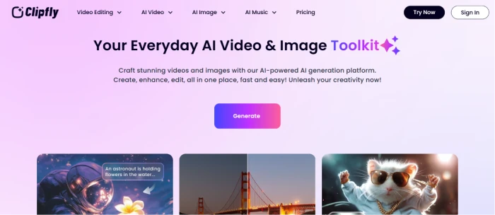 Clipfly.ai homepage showing AI content creation platform with multi-tool catalogue text-to-image drama video music generation and image-to-video workflow value proposition