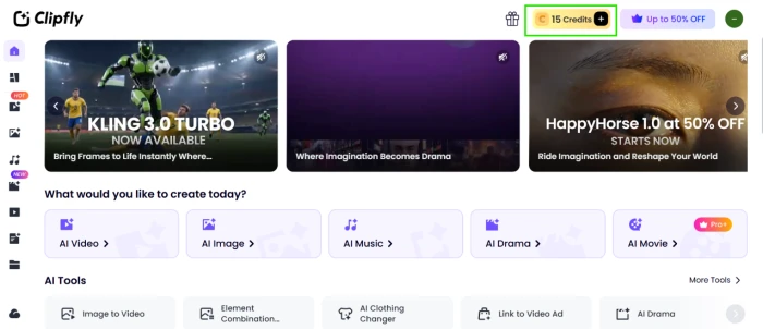 Clipfly.ai post-login dashboard providing 15 free credits on signup with tool catalogue access for text-to-image drama music image-to-video generation workflows
