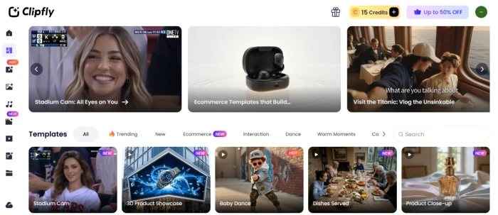 Clipfly.ai templates library exposing pre-built content templates for rapid project workflow across text-to-image drama video and music generation categories