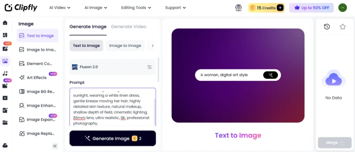 Clipfly.ai text-to-image dashboard with detailed prompt input for cinematic portrait generation showing prompt engineering interface and generation controls