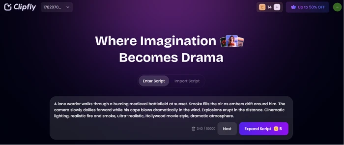 Clipfly.ai drama creation dashboard with cinematic prompt input for Hollywood-style dramatic video scene generation before paywall gating discovery