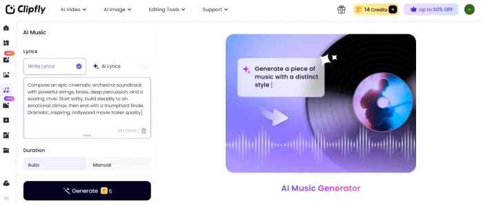Clipfly.ai music generator dashboard with orchestral composition prompt input showing music generation workflow interface and parameter controls