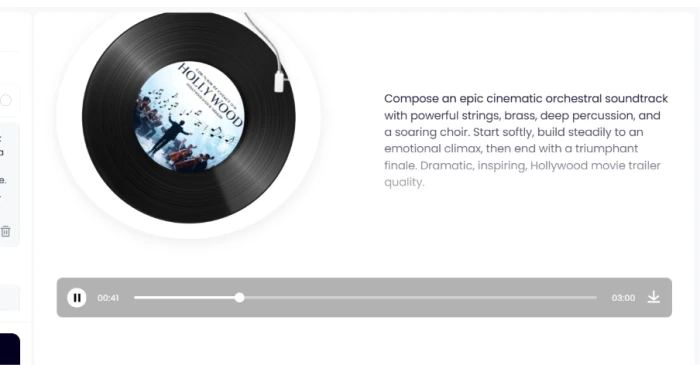 Clipfly.ai music generation output showing composed orchestral soundtrack with dramatic Hollywood movie trailer style validated end-to-end