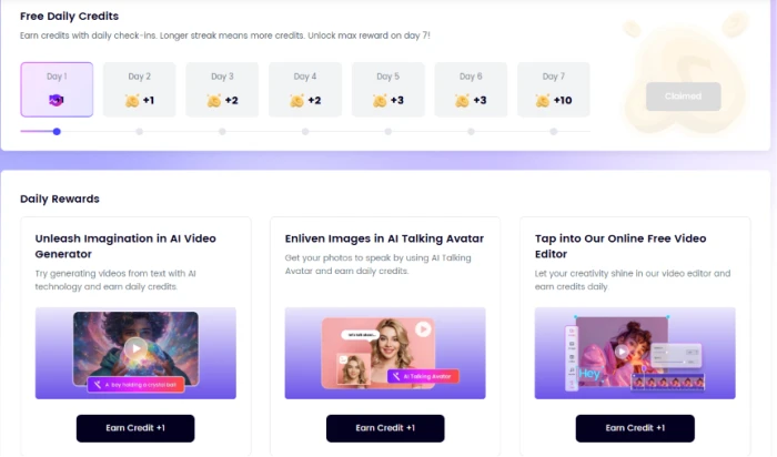 Clipfly.ai daily rewards program interface showing free credit accumulation mechanism for sustained free-tier user engagement beyond initial 15 signup credits