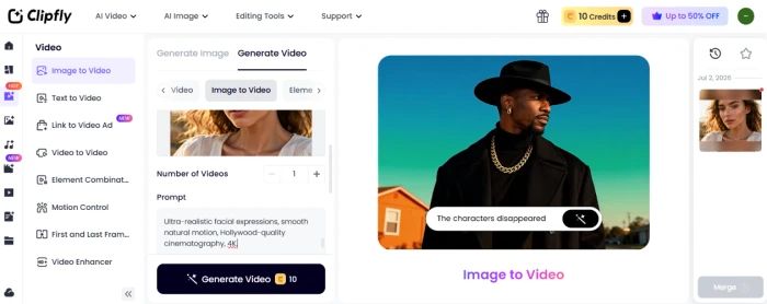 Clipfly.ai image-to-video dashboard with detailed motion prompt input using the platform-generated portrait from Test 03 as source image for animation chain workflow