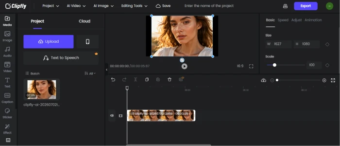 Clipfly.ai video editing dashboard with timeline controls editing tools and export options for post-generation refinement of animated video output before final delivery