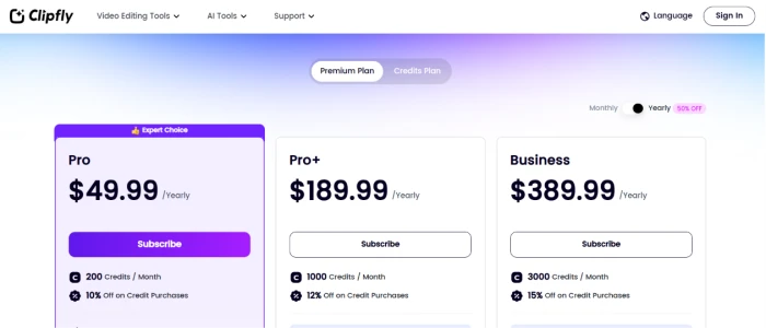 Clipfly.ai subscription plans pricing page showing monthly and annual subscription tiers with feature allocations and credit allowances for paid users