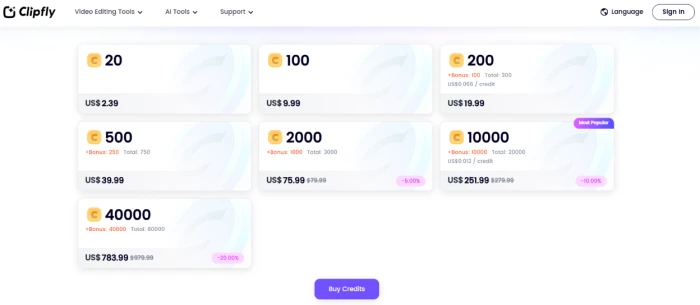 Clipfly.ai credit plans page showing one-time credit pack purchase options for users wanting flexible credit purchases outside subscription model