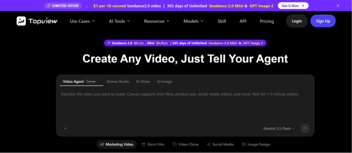 TopView.ai homepage showing AI agent content platform with multi-tool workflow value proposition for content creators and marketing users positioning