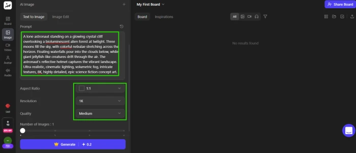 TopView.ai image generation dashboard with detailed astronaut sci-fi prompt input showing prompt engineering interface for text-to-image workflow setup