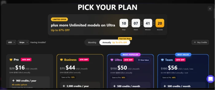 TopView.ai subscription plans pricing page showing monthly and annual subscription tiers with feature allocations and credit allowances for paid users